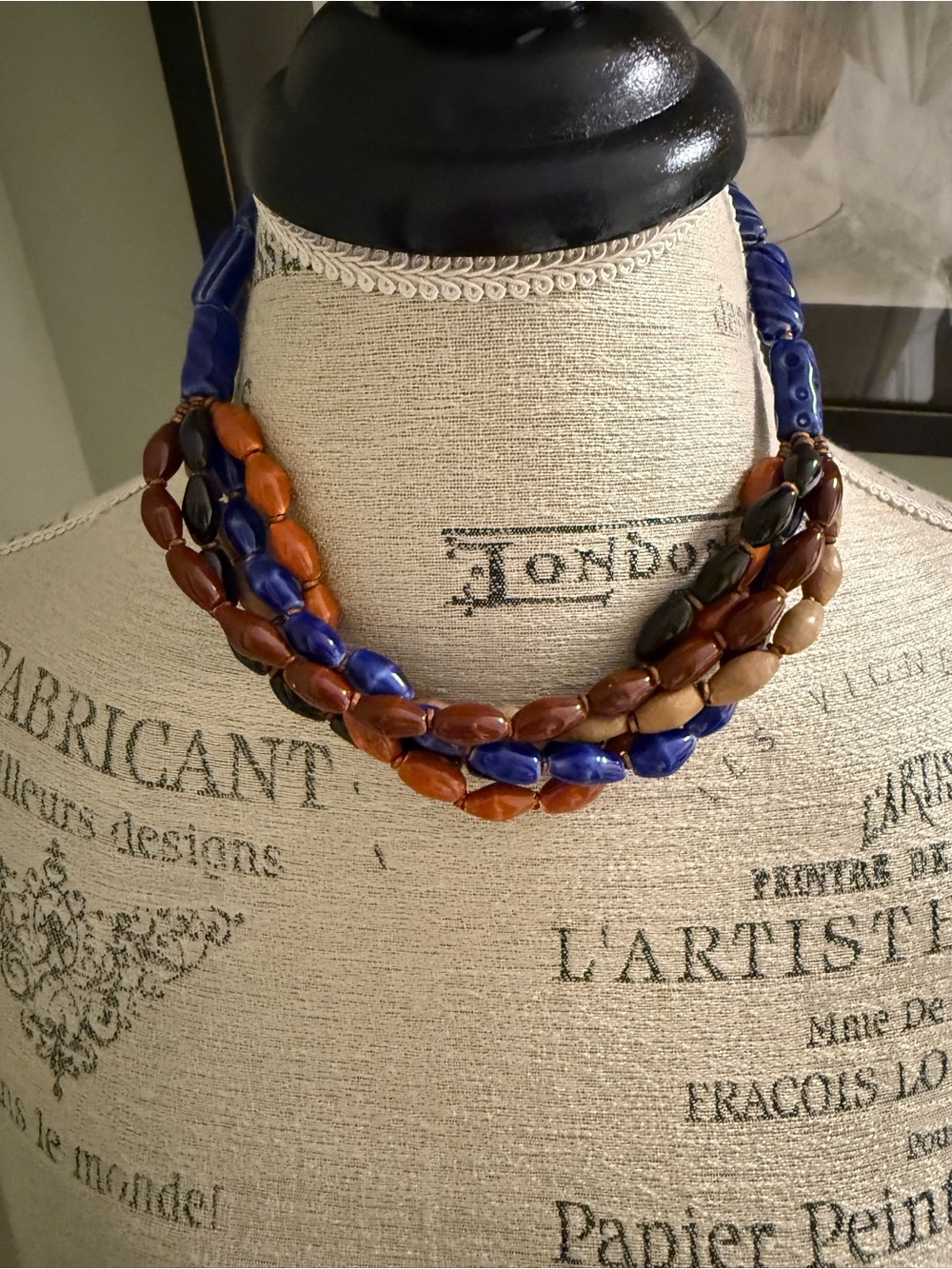 Mid-Century Blue, Brown & Tan Multi-Strand Glass Bead Necklace